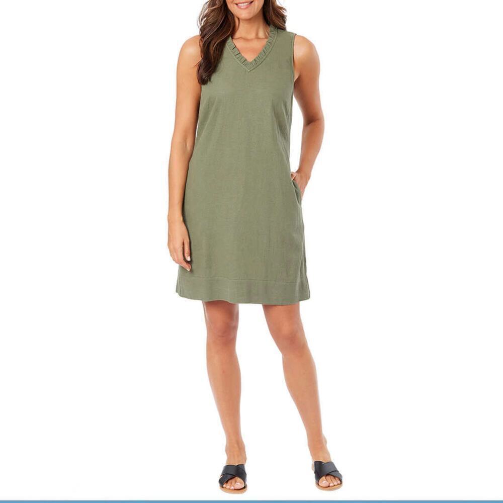 NWT Briggs Women's V-Neck Ruffle Trim Linen Blend Side Pockets Mini Dress